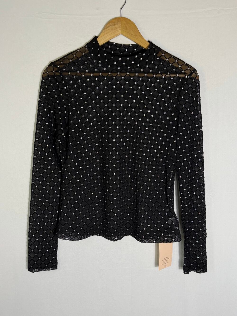 SHEIN Black Sparkly Mesh Top Sheer Diamond Lattice Mock Neck Long Sleeve XL